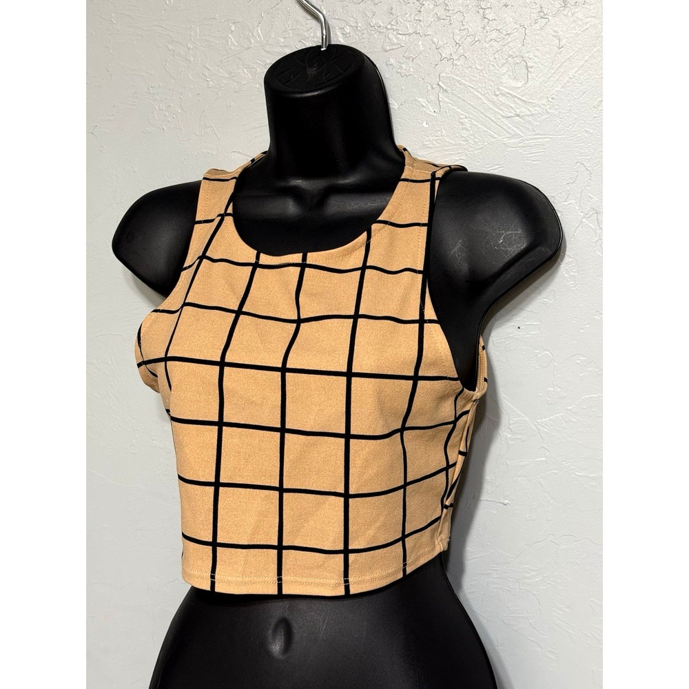 Fashion Nova Womens Raise The Stake Brwon Grid‎ Crop Top Size M